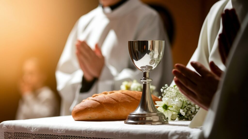 Ministro Extraordinário da Comunhão Eucarística ao fundo e na frente a mesa do altar com um cálice e um pão